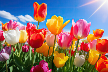 Vibrant tulips in a sunny spring garden outdoor leisure or tourism with peaceful blooming field