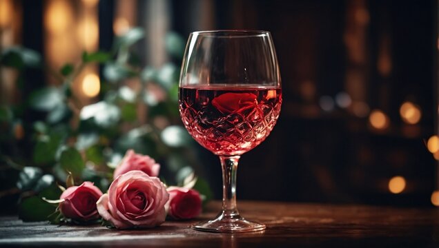 Glass of wine with red rose for romantic atmosphere