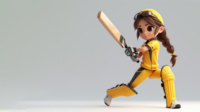 A cartoon cricket player in yellow jersey isolated on gray background