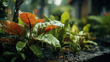 Raindrops on lush garden leaves, a serene display suitable for relaxation and horticulture themes