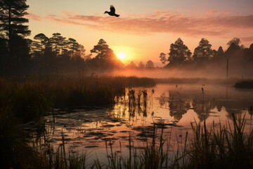 Obraz na płótnie Canvas Serene sunrise over a misty lake with bird in flight ideal for nature and tranquility themes