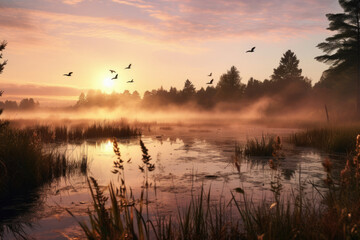 Obraz na płótnie Canvas Serene sunrise over a misty wetland with birds in flight and golden hour atmosphere ideal for nature and peace themed content