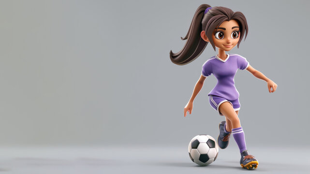 A cartoon soccer player in purple jersey isolated on gray background