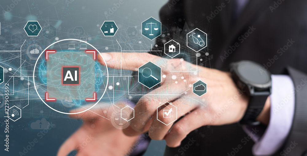 Poster artificial intelligence concept businessman holding ai on computer screen to using for in document m
