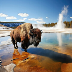 Bison in front of a geyser at Yellowstone National Park symbolizing wild beauty and American nature tourism - obrazy, fototapety, plakaty