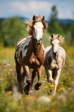 Two wild horses running in a vibrant sunny meadow depicting freedom and wildlife beauty suitable for nature themes or equine industry
