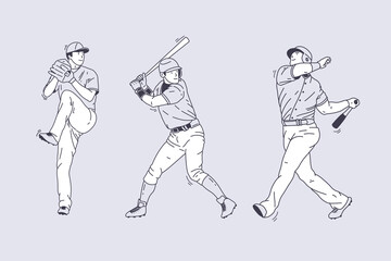 Set of outline illustrations of baseball players
