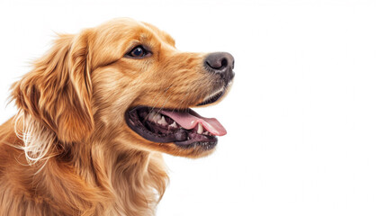 adorable golden retriever looking up at the camera with a happy expression and its tongue out against a white background