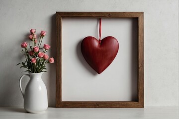 In front of a white wall, a wooden shelf and a mock-up frame decorated with hearts for Valentine's Day Enlarge the area and make a copy.
