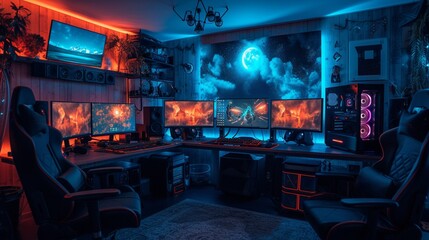 A gamer's paradise, with a massive, immersive gaming setup surrounded by multiple screens and VR equipment. 