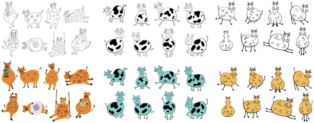 Set of cute doodle cartoon cows on white background. Animal illustration collection.