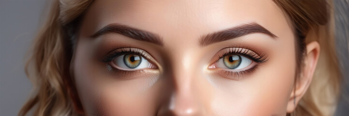 Fototapeta premium Beautiful face of young caucasian girl with natural make-up, perfect skin and brown eyes isolated. Studio portrait. Portrait of beautiful young brunette woman with smooth skin isolated on dark