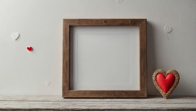 A mock-up wood frame with Valentine's Day heart decorations and a wooden shelf placed against a white wall Copy the space, please.