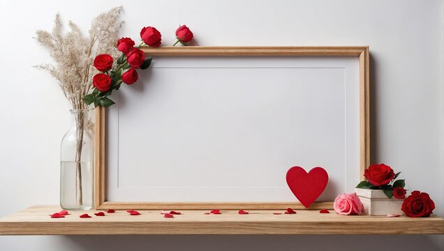 Mock up wood frame with Valentines Day heart décor , Wood shelf against a white wall Copy space