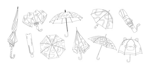 Umbrellas Outline Monochrome Vector Icons Set. Portable, Collapsible Devices Designed To Shield From Rain Or Sunlight