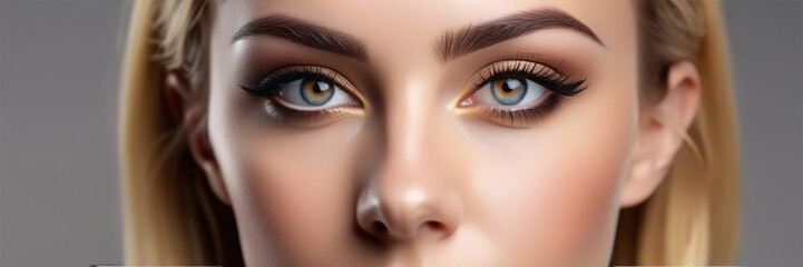 Obraz premium Beautiful face of young caucasian girl with natural make-up, perfect skin and blue eyes isolated. Studio portrait. Portrait of beautiful young brunette woman with smooth skin isolated on dark