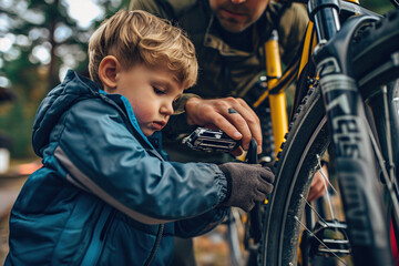 Obraz premium father helps boy fix bike