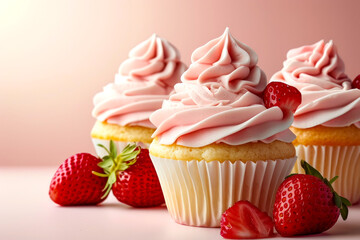 Delicious, sweet cupcakes with strawberry cream and fresh strawberries on a delicate pink background. close-up