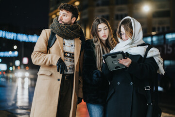 Young adults collaborating on a project outdoors in urban night setting.