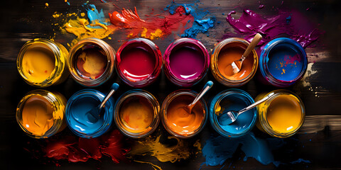 Colorful Open Paint Cans with Brushes, Ideal for Artistic Projects  Vibrant array of open paint...