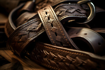 brown leather straps on a dark wooden background