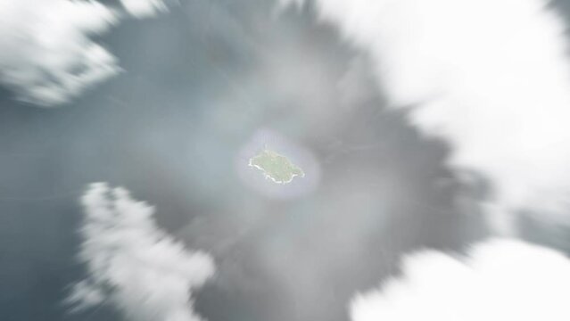 Earth zoom in from space to Adamstown, Pitcairn Islands. Followed by zoom out through clouds and atmosphere into space. Satellite view. Travel intro. Images from NASA