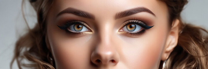 Obraz premium Beautiful face of young caucasian girl with natural make-up, perfect skin and blue eyes isolated. Studio portrait. Portrait of beautiful young brunette woman with smooth skin isolated on dark
