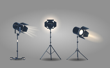Spotlights On Tripod Illuminate And Highlight Objects Or Areas. Realistic 3d Vector Lamps Used In Theaters, Stages
