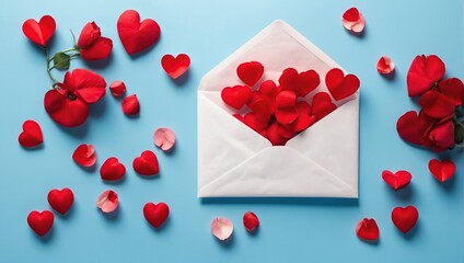 Valentine's Day greeting concept: Flat lay with red hearts and an envelope on a blue background