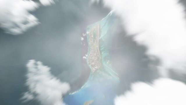 Earth zoom in from space to Cockburn Town, Turks and Caicos Islands. Followed by zoom out through clouds and atmosphere into space. Satellite view. Travel intro. Images from NASA