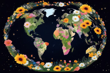 Earth planet globe with world map with green grass and colorful flowers on a dark blue background.
Global ecology and environment protection concept.
Earth Day banner.Generative AI