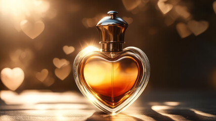 A heart-shaped glass valentine's perfume bottle on bokeh background.Love,Valentine's Day concept banner for design.Generative AI