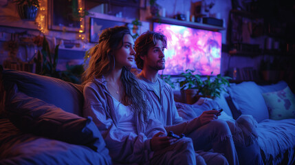 Romantic love.  A couple in a dimly lit room at night, doing an activity together such as watching a film, playing video games.