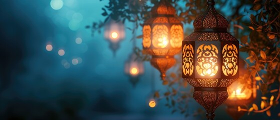 Illuminated Garland with Islamic lanterns on festive blurred backdrop. Moroccan lanterns at night. Glittering party garlands. Ramadan kareem, Eid Mubarak. Eastern holiday design