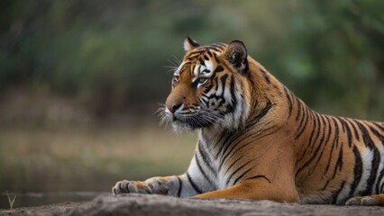 Fototapeta premium Beautiful tiger sitting and waiting with habitat background