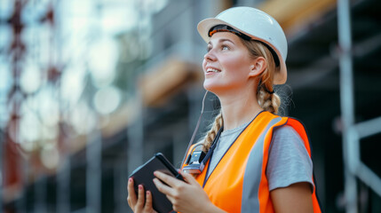young woman wearing a safety helmet and reflective vest is holding a tablet and looking up