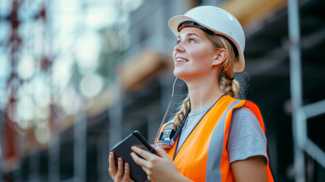 young woman wearing a safety helmet and reflective vest is holding a tablet and looking up - Powered by Adobe