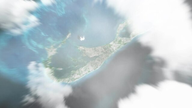 Earth zoom in from space to Hamilton, Bermuda. Followed by zoom out through clouds and atmosphere into space. Satellite view. Travel intro. Images from NASA