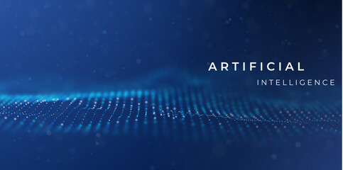 Artificial intelligence blue particle background. Flow wave with dot landscape. Digital data structure. Pattern point visualization. Technology vector illustration.