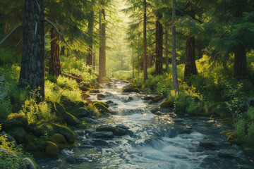 Obraz premium A wonderful large forest with many flowers and a forest stream. spring young forest with fresh grass and greenery