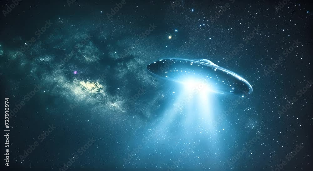 Wall mural ufo emitting a beam of light in outer space. the concept of extraterrestrial life and space explorat
