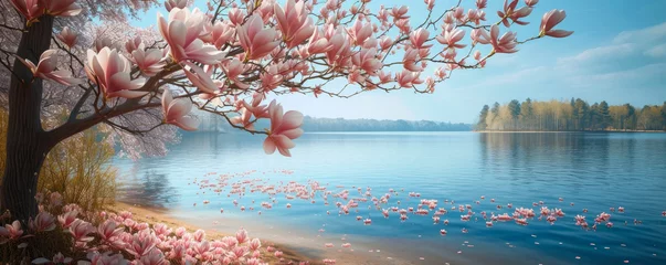 Gordijnen A beautiful blooming magnolia tree with pink flowers against the backdrop of a wonderful blue lake. beautiful spring landscape, banner with place for text © MK studio