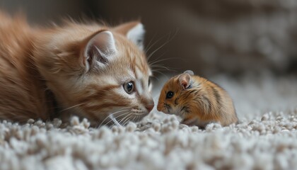 Cat and mouse with reddish-brown fur, eye to eye opposite, nose to nose, on a carpet