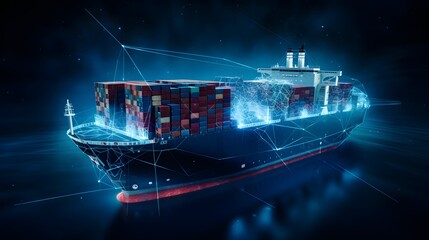 Container ship and the hologram of world map of international supply chains.