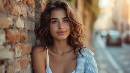 Naklejka premium Serene Urban Sophistication: Woman Leaning Against Brick Wall