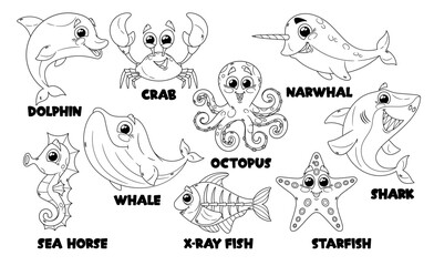 Black And White Cartoon Cute Marine Animal Characters. Dolphin, Crab, Octopus And Narwhal. Seahorse, Whale, Fish