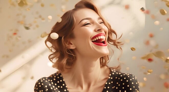 Woman laughing under flying golden confetti. The concept of joy and celebration.