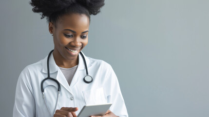 woman in a white lab coat with a stethoscope around her neck, looking down and smiling at a tablet she is holding