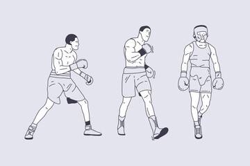 Set of outline illustrations of boxers