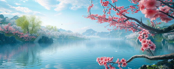 A beautiful blooming peach tree with pink flowers against the backdrop of a wonderful blue lake. beautiful spring landscape, banner with place for text - obrazy, fototapety, plakaty